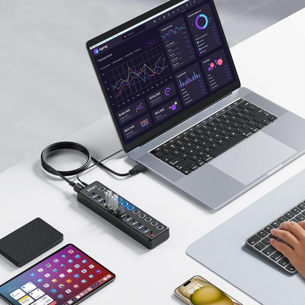 JESWO USB Hub with Power USB Hub with 10 Expansion Ports 1 Charging 5Gbps Data USB Expansion with Independent 12V 3A AC Compatible with Surface and