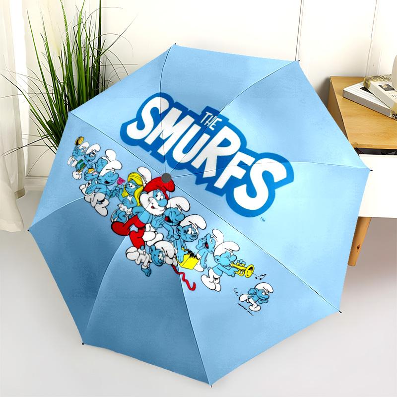 Three Blue Smurfs Folding Umbrella 8 Paraphenoid Bones Travel Three Folds Travel Umbrella Sun Umbrella