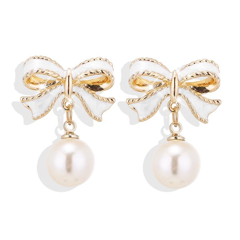 Black and Red Imitation Pearl Bow Drop Earrings for Women Geometric Wedding Party Pain… More