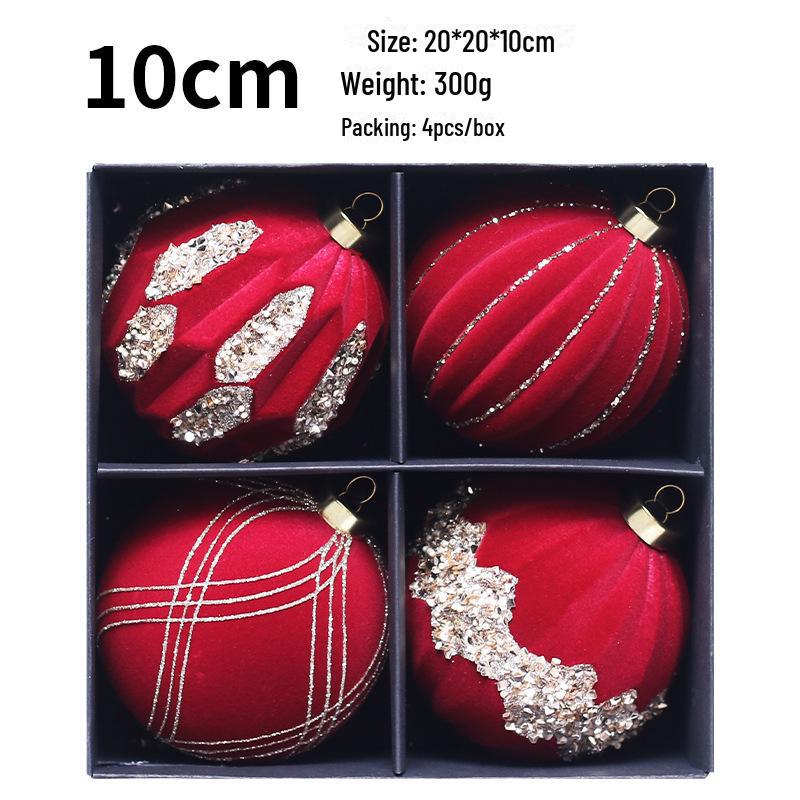 10cm Diamond Flocked Christmas Ball Ornaments - Set of 4