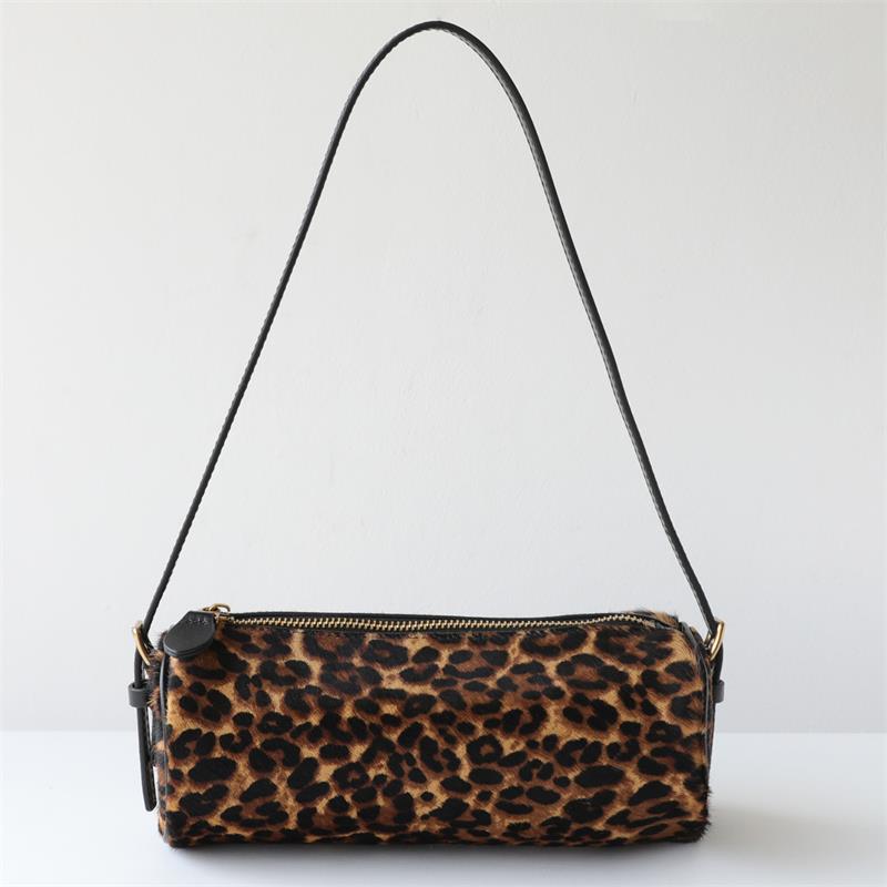 Vintage Leopard Print Underarm Bag Fashion Milk-patterned Horsehair Shoulder Bag Genuine Leather Adjustable Zipper Dumpling Bag