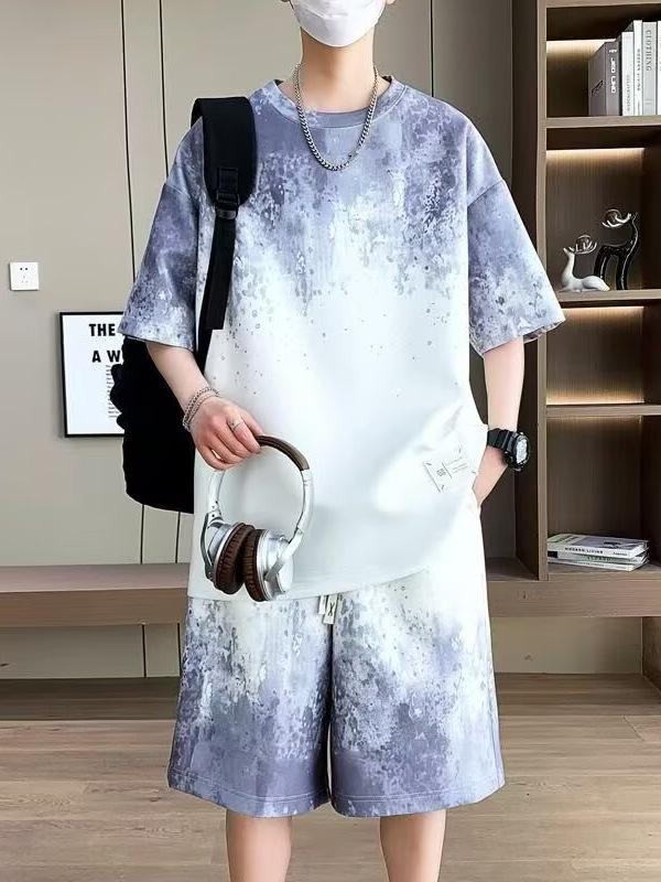 Men's Summer Tie-Dye Gradient Set: Cool & Handsome Short Sleeve Top and Shorts Two-Piece