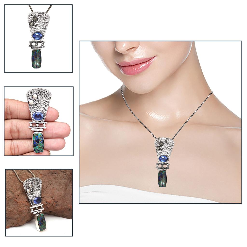 Copper Turquise Tanzite Gemstone Mother's Day Silver Jewelry Pendant  2.5"