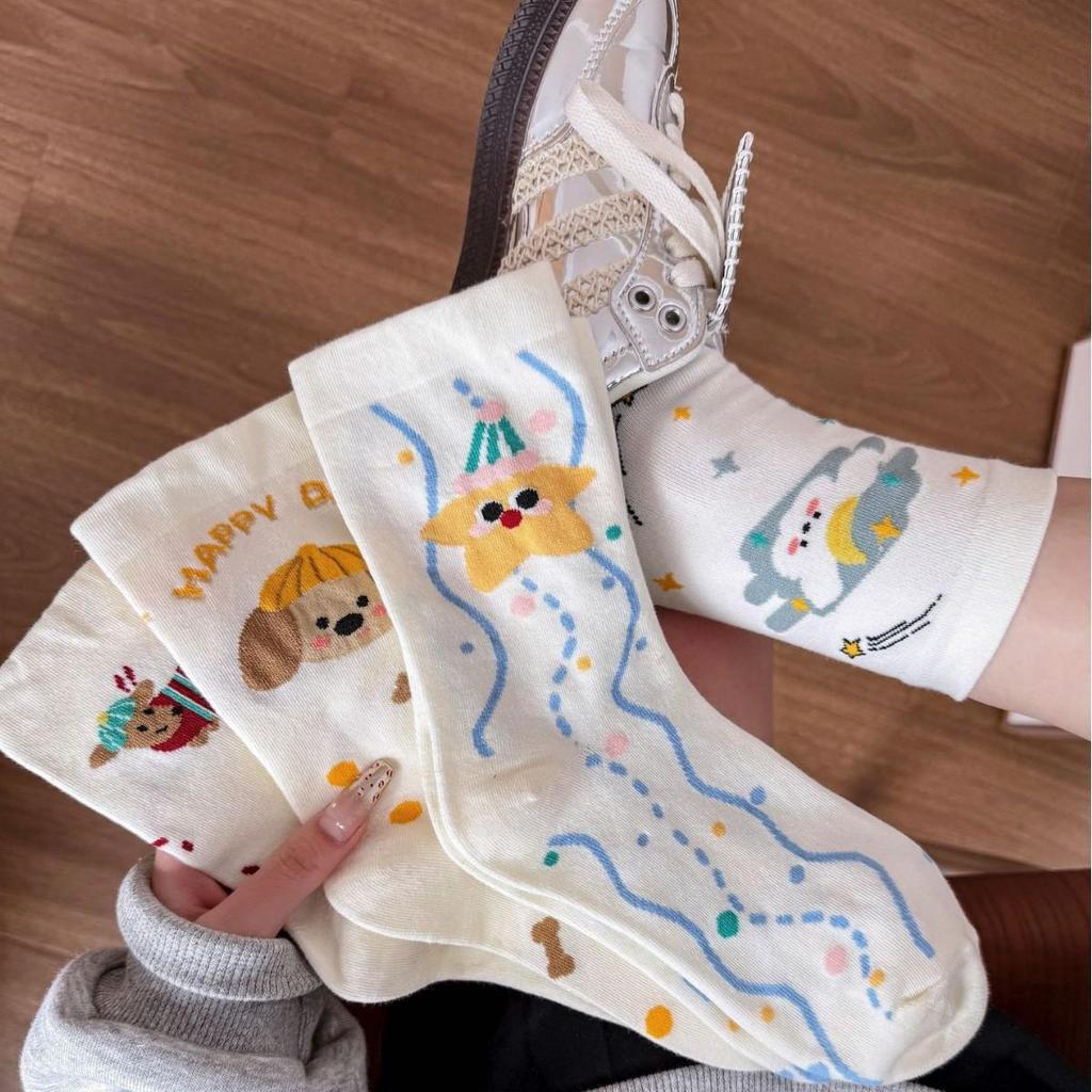 Women's Cute Puppy Mid-Calf Socks - Spring/Summer Academy Style with Japanese Cartoon Star Design - Korean Student Cotton Socks