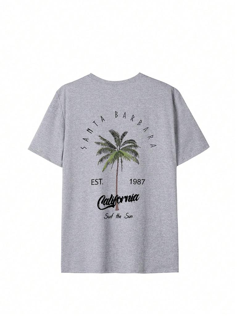 Womens Summer Casual Round Neck Palm Tree  Letter Print Vacation Style Short Sleeve TShirt Top