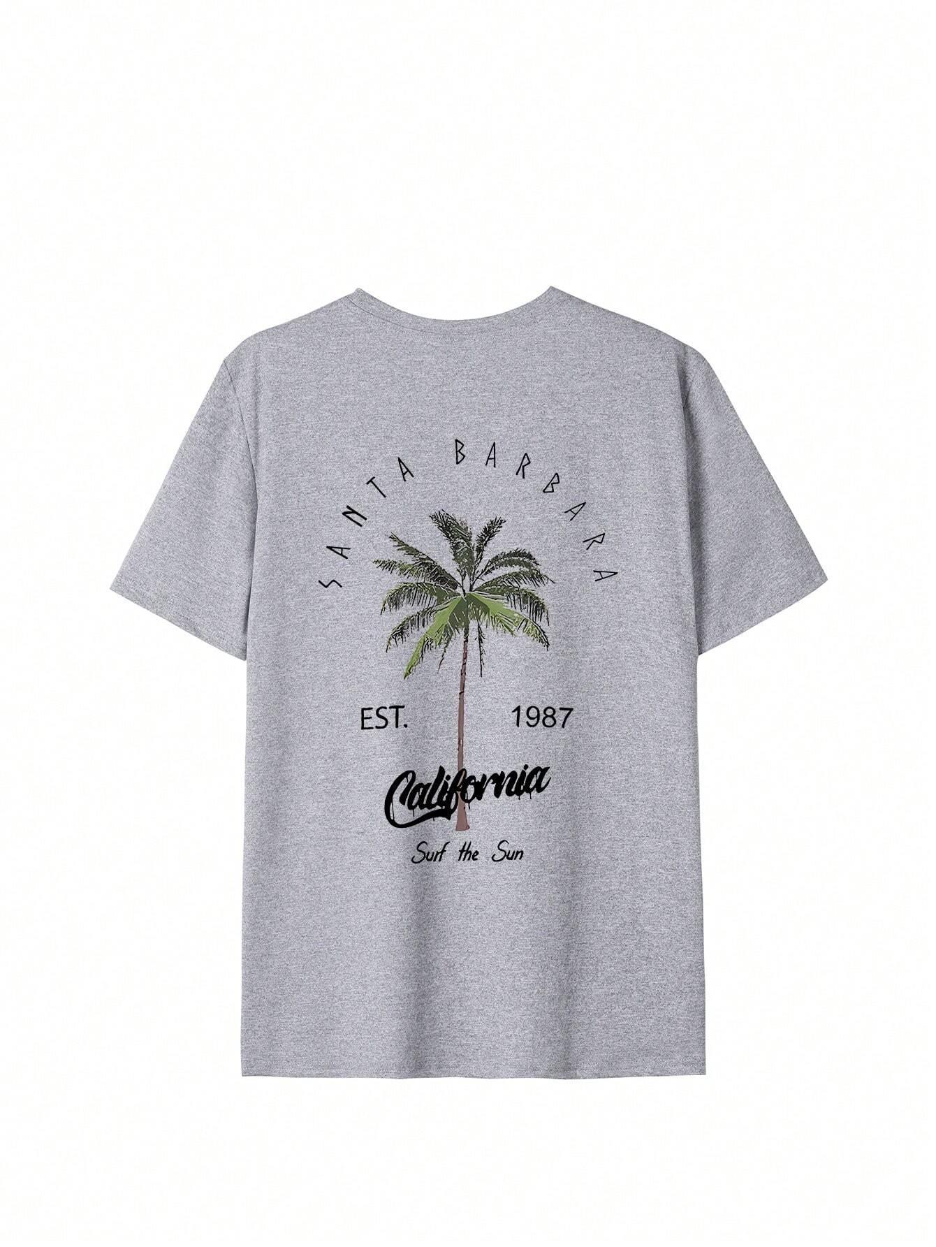 

Womens Summer Casual Round Neck Palm Tree Letter Print Vacation Style Short Sleeve TShirt Top S