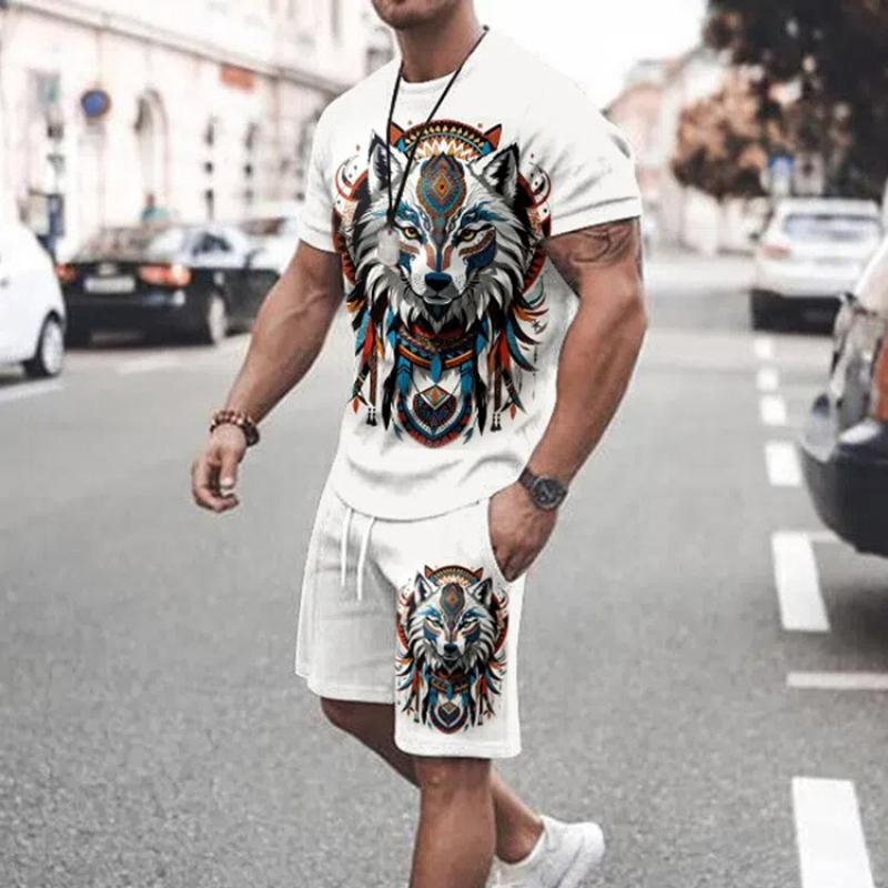 Summer  Men's Suit Fashionable Street Casual Men's Short Sleeve T-Shirt Outdoor Daily Comfort Breathable Shorts Animal Print