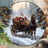 Warm Winter Christmas Wooden Sign with Santa Claus & Carriage Pattern - Navidad Round Sign for Front Door Wall Hanging Decor - Ideal Christmas Gift