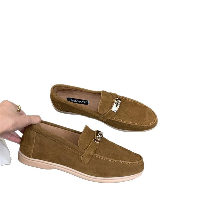Retro suede loafers Doudou shoes one-pedal single shoes autumn and winter soft-soled low-heeled women's shoes British small leather shoes