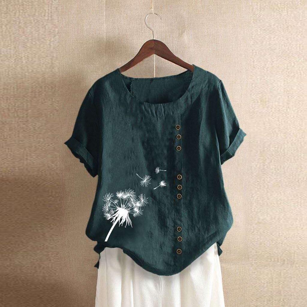 Kvinner Knapper Kortermet Blomstertrykk Knapper Bomull Lin Vintage Topp