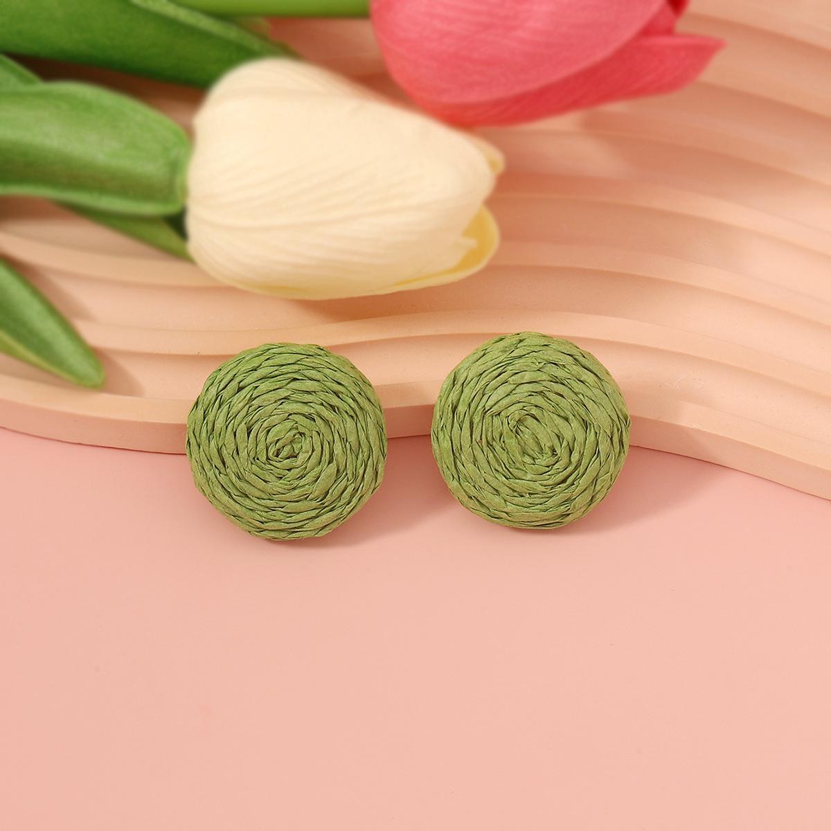

New sweet, simple and individual style hand-woven round Raffite grass wooden stud earrings