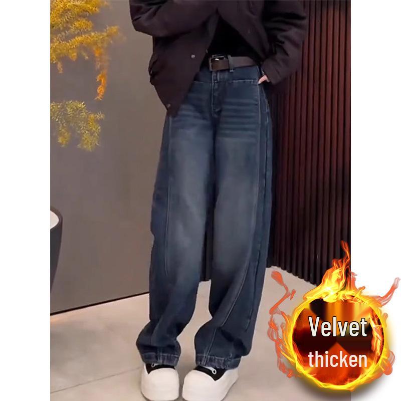 Women's Fleece-Lined Retro Wide-Leg Jeans: New Autumn/Winter Styles for Curvy and Plus-Size Figures, Hip-Covering Design.