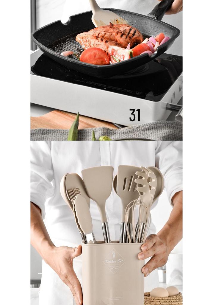 13-Piece Stainless Steel Handle Silicone Kitchen Tools Set - Non-stick Frying Pan, Spatula, Spoon, and More