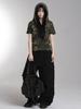Lupeu Camo Snap Button Slim Hoodie Short Sleeve T-Shirt Khaki