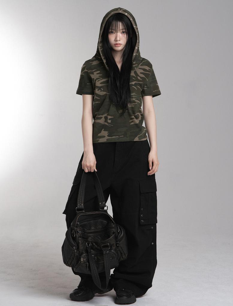 Lupeu Camo Snap Button Slim Hoodie Short Sleeve T-Shirt Khaki