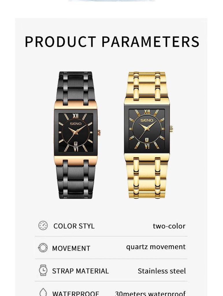Men's Square Quartz Waterproof Business Watch, Automatic & Non-Mechanical