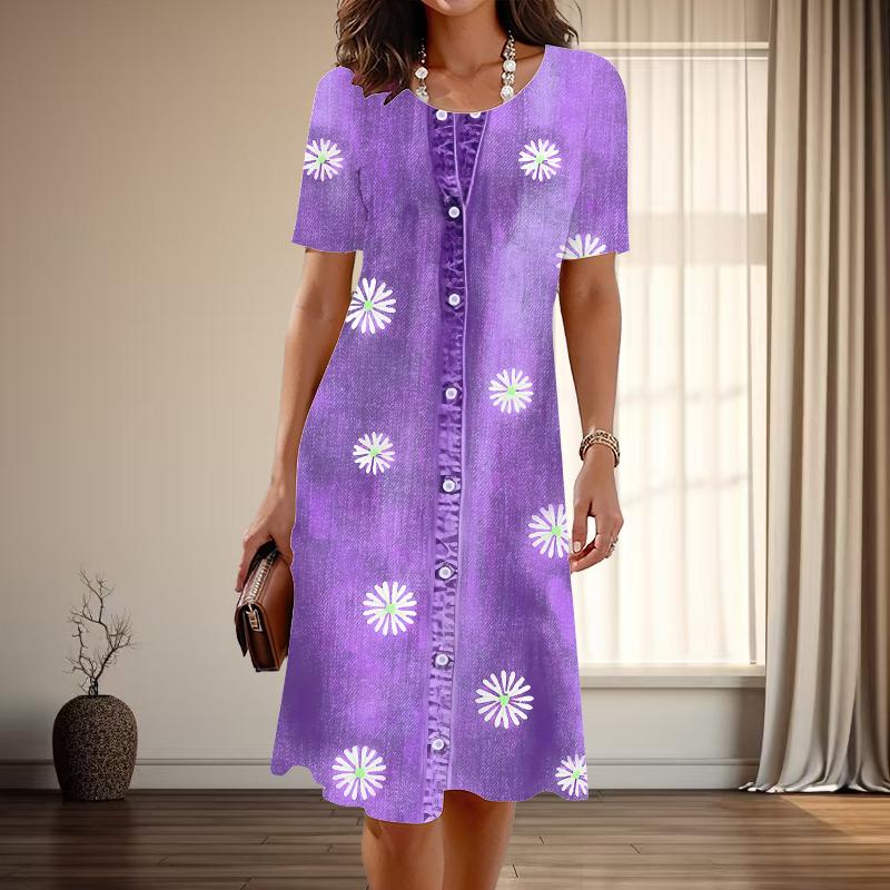 

Жіноча мода з витонченим ковбойським принтом, літо, весна, повсякденні сукні з короткими рукавами та круглим вирізом M фіолетовий