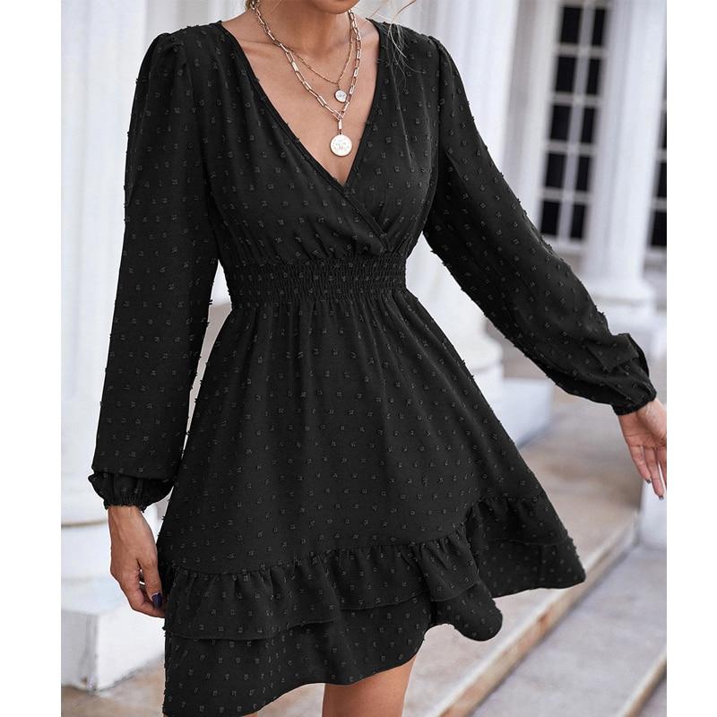 Hohe Taille A-linie Weißes Kleid Frauen Sommer Laterne Hülse V-ausschnitt Frau Kleid Lässige Mode Dot Solide Rüschen Kleider Robe 24888