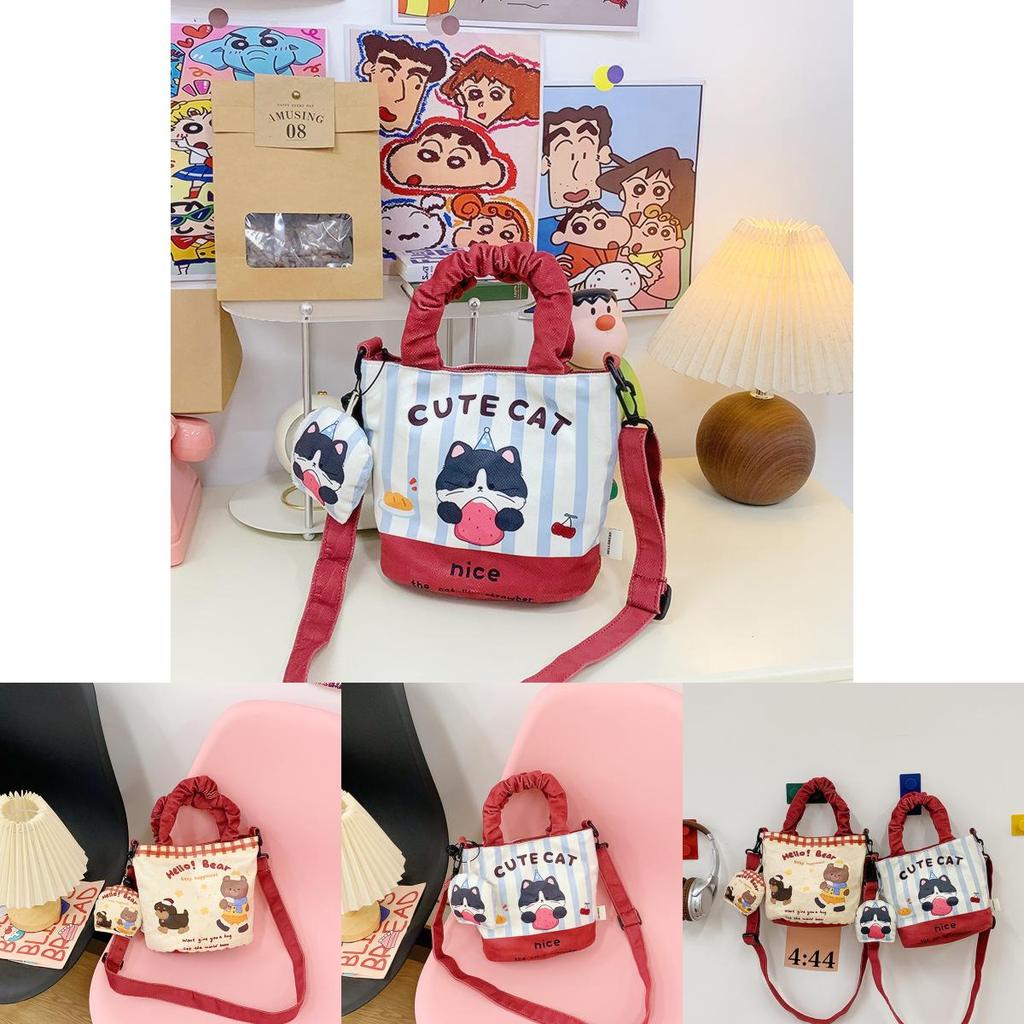 Canvas Cartoon Cat And Bear Print Bucket Bag With Zipper Inner Pocket For Daily Outings
