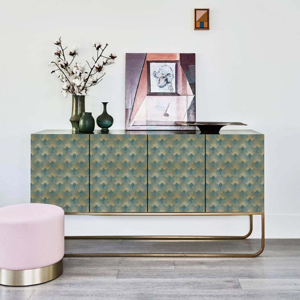 Abziehen & Aufkleben Tapete Floral Gold Grün Vintage Geometrische Tapete Art Deco Selbstklebende Kontaktfolie für Küche Möbel