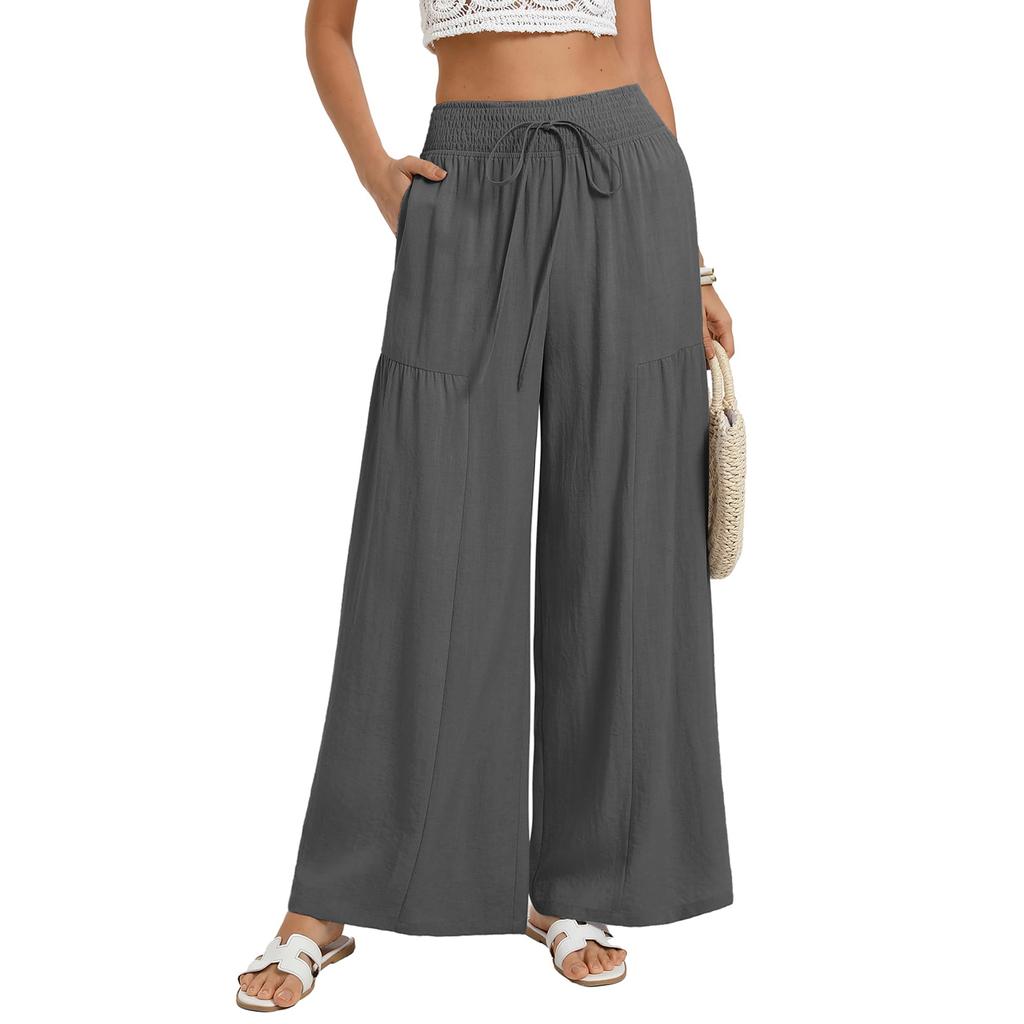 Dámské elastické kalhoty s vysokým pasem, ležérního střihu, se širokými nohavicemi, dlouhé kalhoty, kalhoty s kapsami