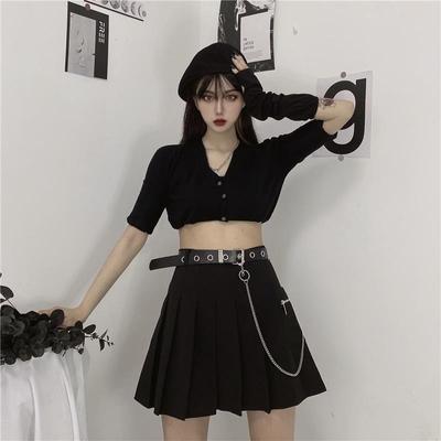 Punk Black Pleated Skirt Women Chain with Belt Rock Sexy Mini Skirt JK Girl Korean Style Japanese Streetwear E-girl