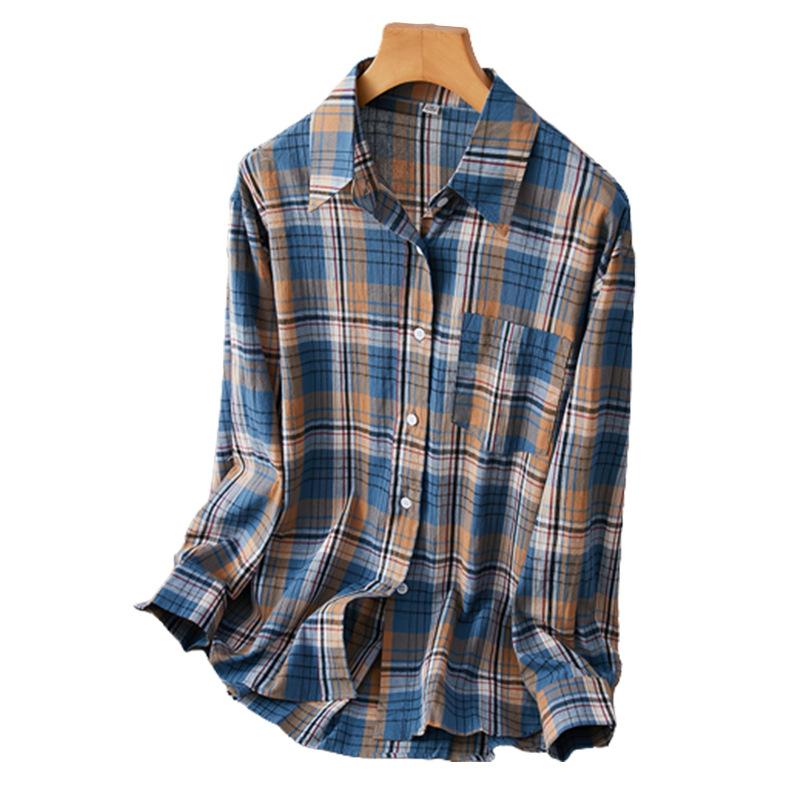 

Blue Plaid Shirt for Women Long-sleeved Spring and Autumn New Pure Cotton Commuting Versatile Retro Shirt XXL