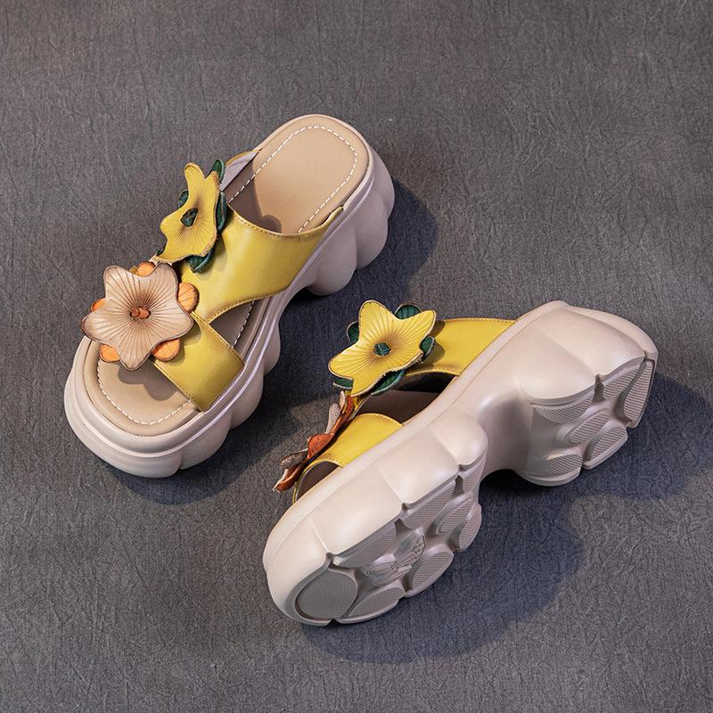 

Женские летние сандалии из коровьей кожи первого слоя, 2025, новые дышащие в этническом стиле, ретро, на толстой подошве-маффине, полушлепанцы женские 39 жёлтый