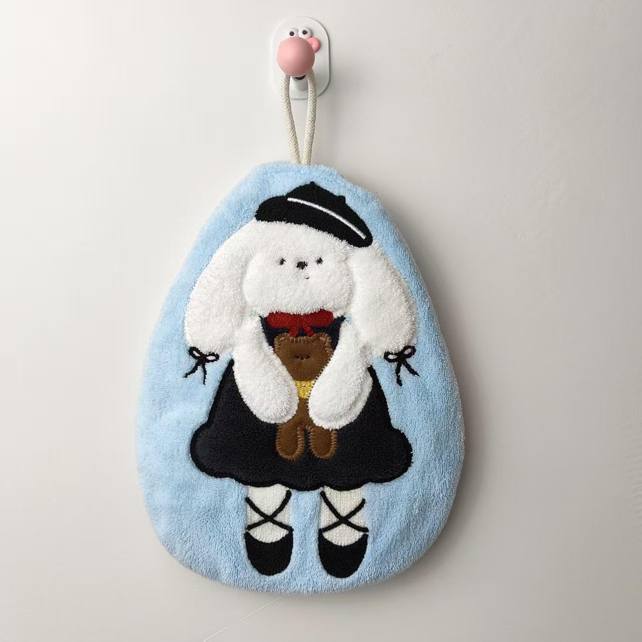 Cute Cartoon Embroidered Animal Hand Towel - Coral Fleece, Absorbent, Thickened for Kids, Kitchen & Bathroom Use.