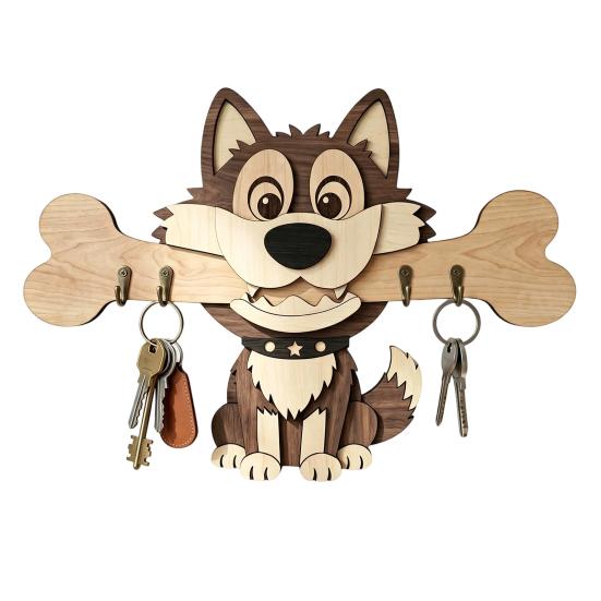 Portachiavi in Legno da Parete, Gancio per Ingresso a Forma di Cane che Tiene un Osso per Casa, Cucina, Corridoio, Organizer Rustico per Chiavi, Guinzaglio per Cani