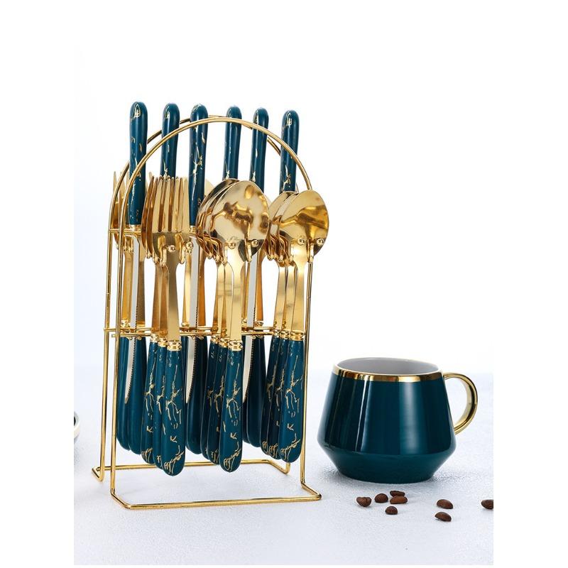 Stainless steel knife, fork, spoon, Nordic 24 piece cutlery set, marble pattern, dessert spoon, steak knife and fork gift box set