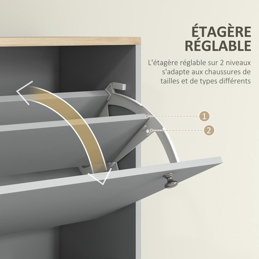 Shoe cabinet 24 pairs with 3 flip-down drawers and adjustable shelves, 80x23.5x121cm, grey