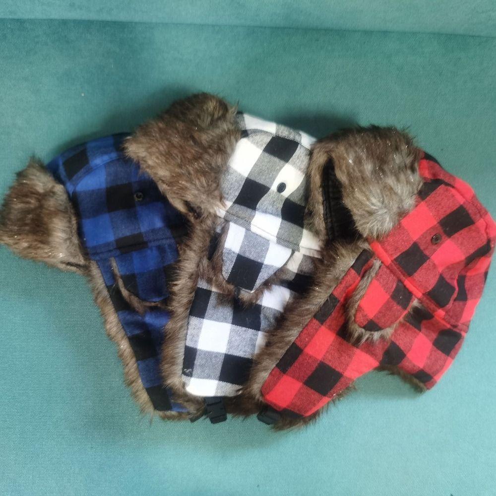 Windproof Winter Bomber Hats Square Grid Pattern Winter Ski Caps Thick Balaclava  for Men Women