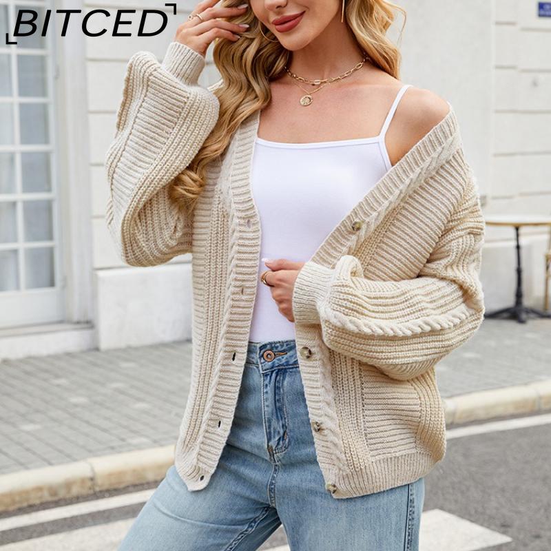 BITCED Relaxed-Fit Oversized Cardigan Autumn/Winter Long-Sleeved V-Neck Cable-Knit Sweater