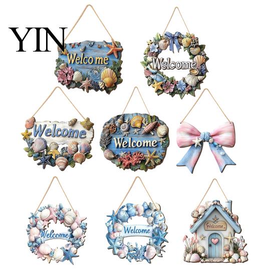Summer Beach Party Decorations Coastal Wooden Wreath, Ocean Welcome Sign, Starfish Shell Nautical Handmade Sign Front Door Hanger for Porch,