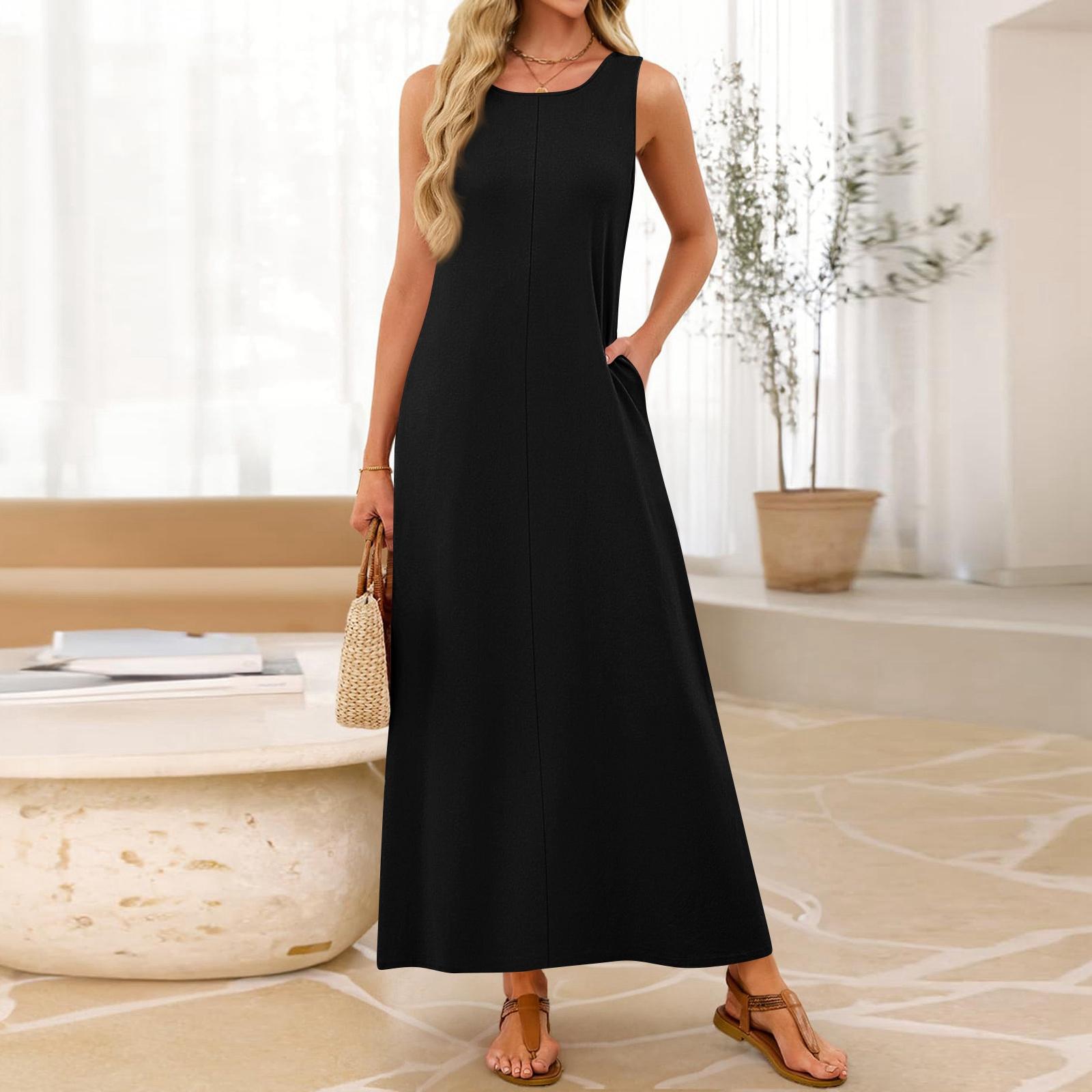 

Women Sleeveless Maxi Dress Casual Loose Fit Round Neck Elastic Beach Vacation Basic Long Dress XL чорний