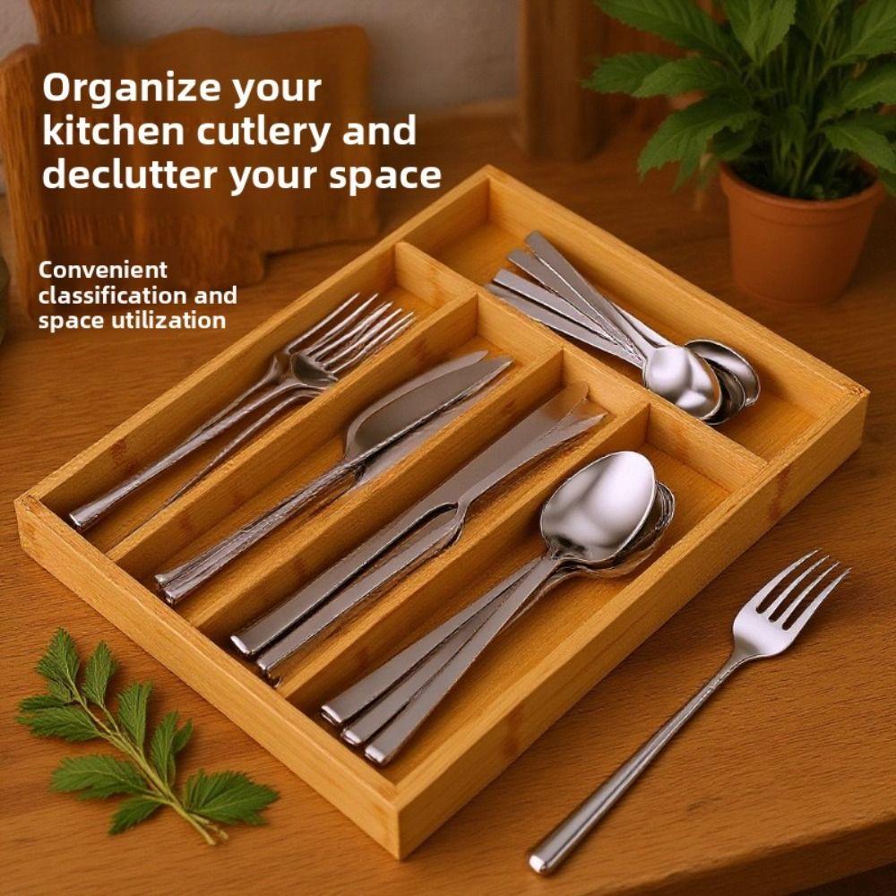 Five-Grid Design Bamboo Silverware Organizer Simple Elegant Kitchen Drawer Organizer Multi-purpose Western Style