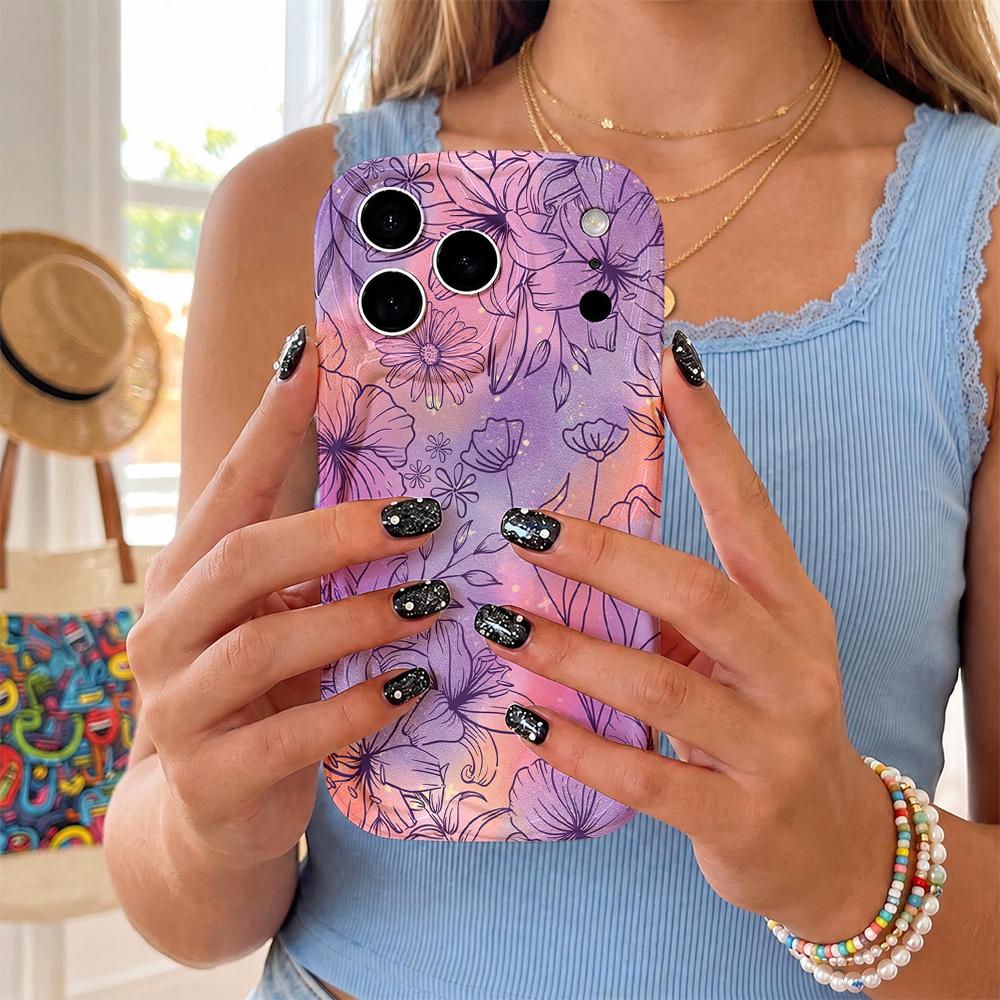 Gradient Line Tropical Flower Wavy Edge Phone Case For iPhone 16 15 14 Pro Max 13 12 11 Mini XR XS SE 2020 7 8 Air Cover