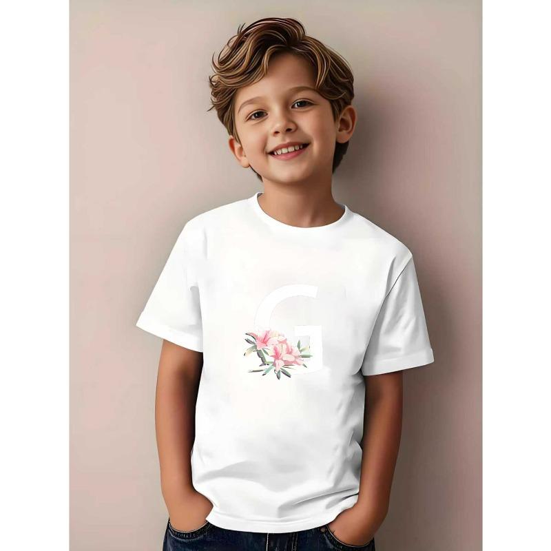 

European sizes Casual Short-Sleeve T-Shirt with a Floral Letter G Print And a Stylish Round Neck 98cm белый