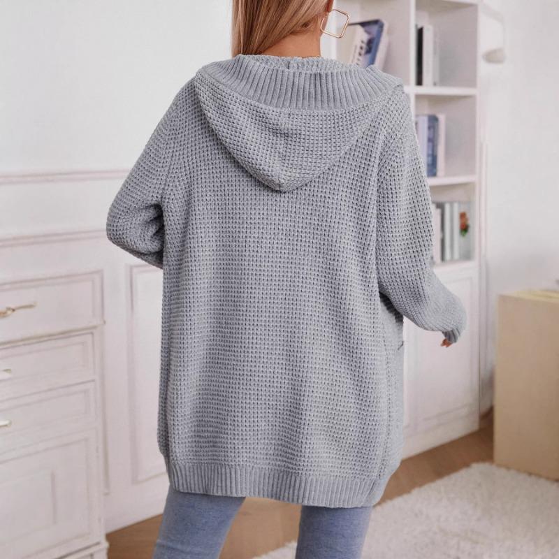 Long Sleeve Hooded Knit Cardigan Sweater Women Vintage Loose Button Front