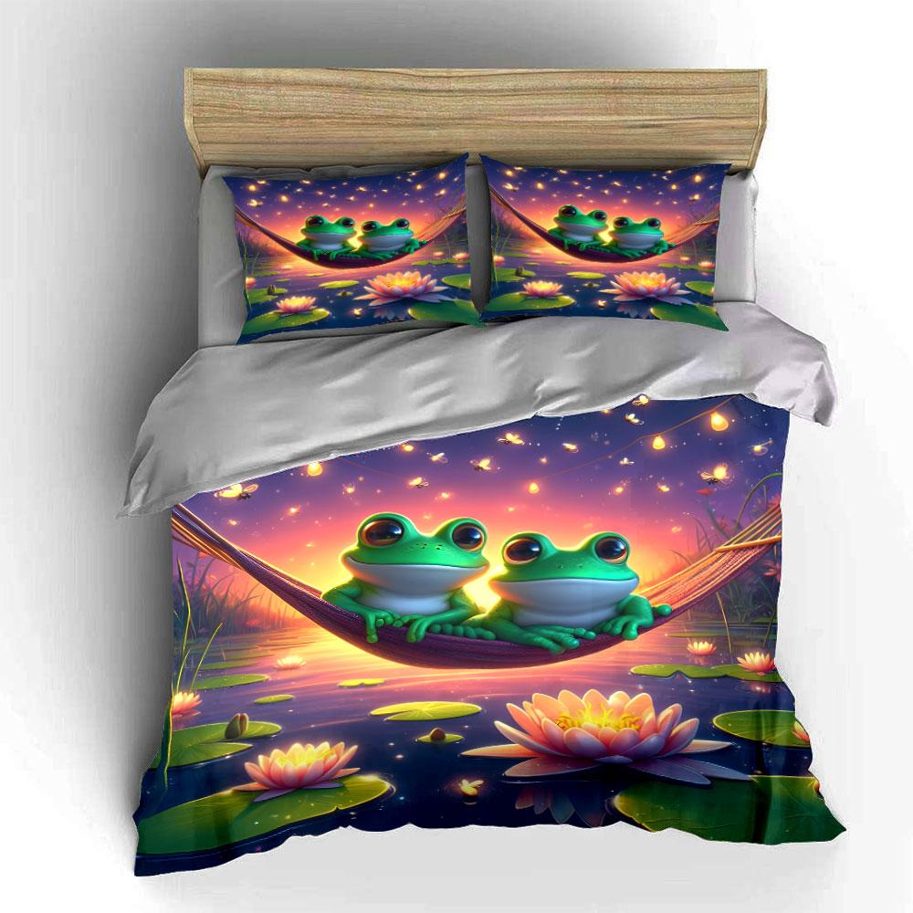 Frog Hammock Sunset Decor Soft Comfortable Duvet Cover Bedding Set Included 1*Duvet Cover & 2*Pillowcases, Gift