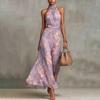 Yangyizhi Floral Chiffon Dress for Women, Halter Sleeveless Ruched Maxi Dress, Turtle Neck Wedding Guest Cocktail Evening