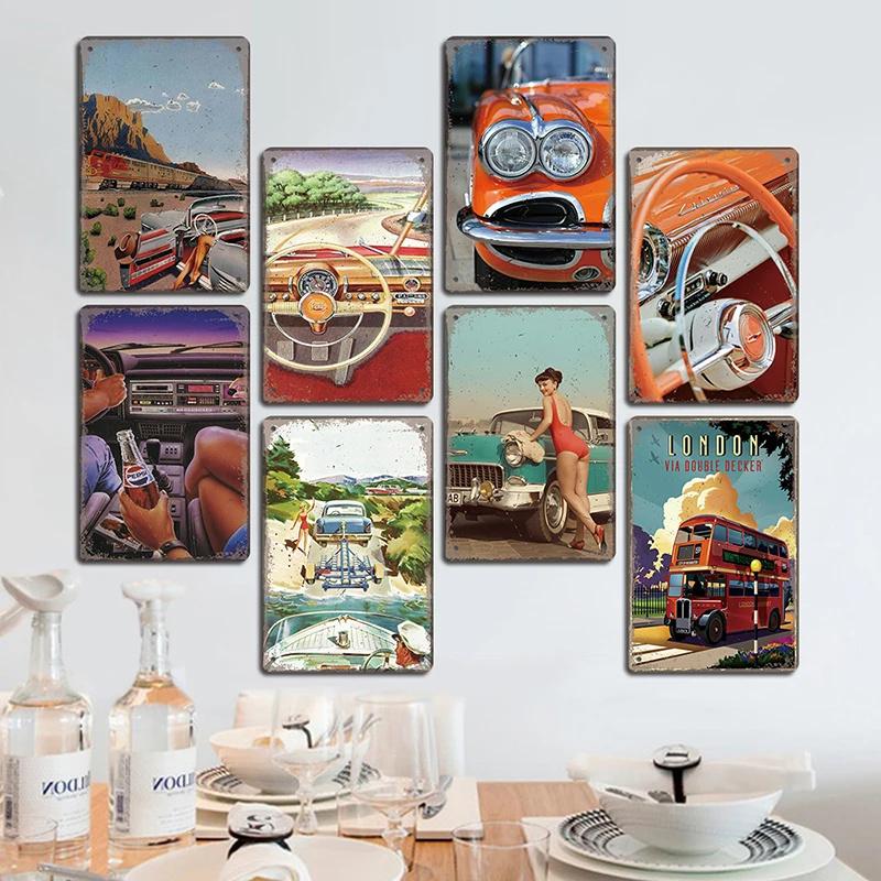 Vintage Dad's Car Bus Poster Retro Metal Plaque Signs Grand Prix Automobile Metal Tin Plate Garage Bar Pub Club Home Wall Decor