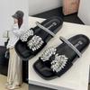 2025 New European Flat-bottomed Bow Rhinestone Slippers Women's Cross with Satin Open-toed Fashion Outer Slippers