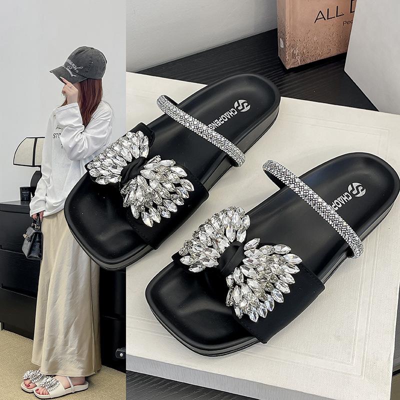 2025 New European Flat-bottomed Bow Rhinestone Slippers Women's Cross with Satin Open-toed Fashion Outer Slippers