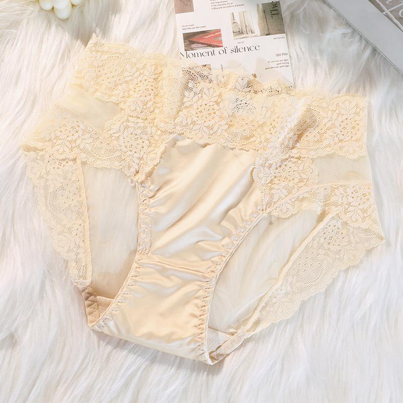 Women Satin Lace Patchwork Underwear Comfortable Panties Ladies Mid Waist Underpants Solid Color Briefs Female Lingerie