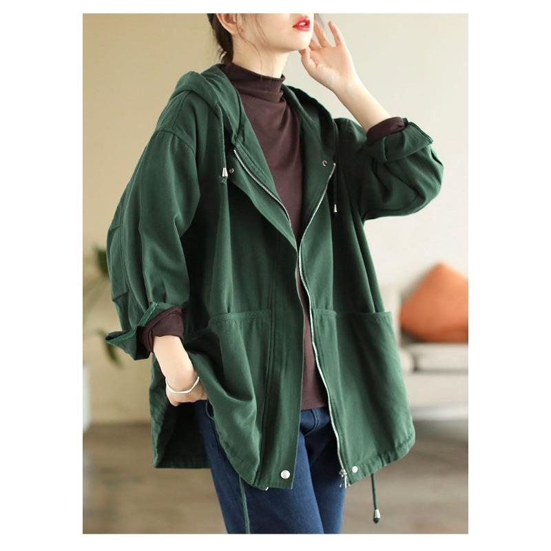 Dammode Nya Sydda Jackor med Dragkedjefickor Enfärgad Casual Lös Huvjacka Långärmad