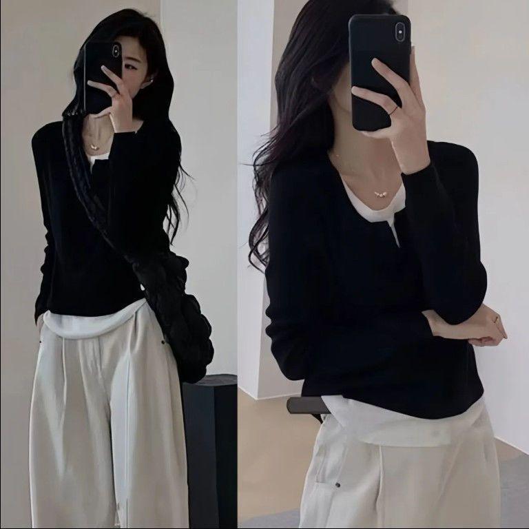Two-Piece Effect Plus Size Black Long Sleeve T-Shirt - Women's Korean Style Irregular Patchwork Slimming Top