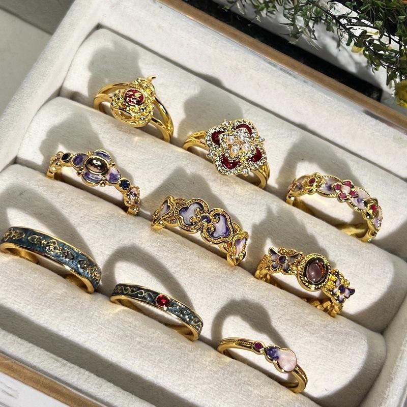 Medieval Vintage Enamel Oil Drop Gourd Open Ring French Retro Court Style Ring Light Luxury Premium Ring