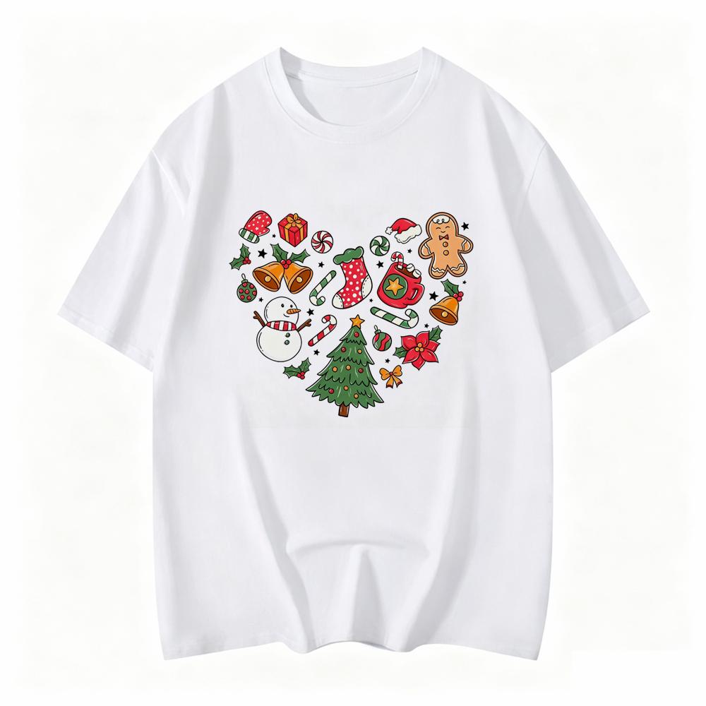 Christmas Heart Print Tshirt Holiday Design Featuring Gingerbread Unisex Candy Canes And Snowflakes Soft Crew Neck Casual Top